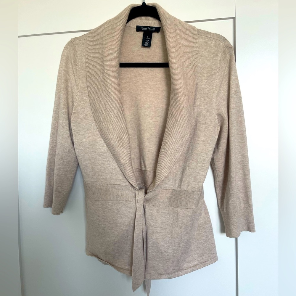 White House Black Market 3/4 sleeve open front tie sweater